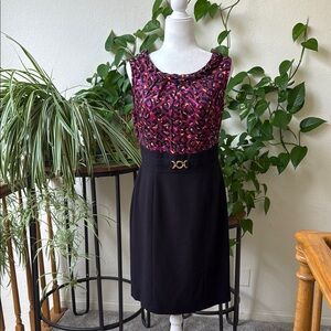 Elegant dress with purple animal print top, belt detail- Tahari